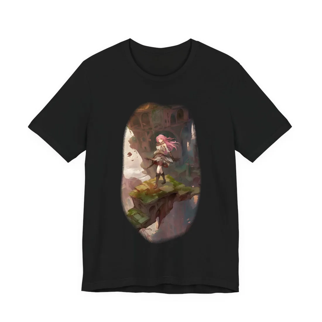 Anime Girl Standing on Mossy Ruins Ledge: Fantasy Scene – T-Shirt, black