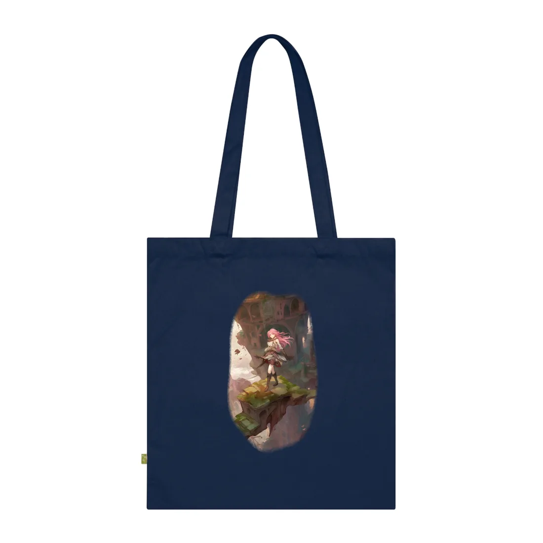 Anime Girl Standing on Mossy Ruins Ledge: Fantasy Scene – Tote Bag, french navy