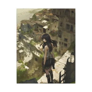 Dark Haired Girl Overlooking City Canvas Print