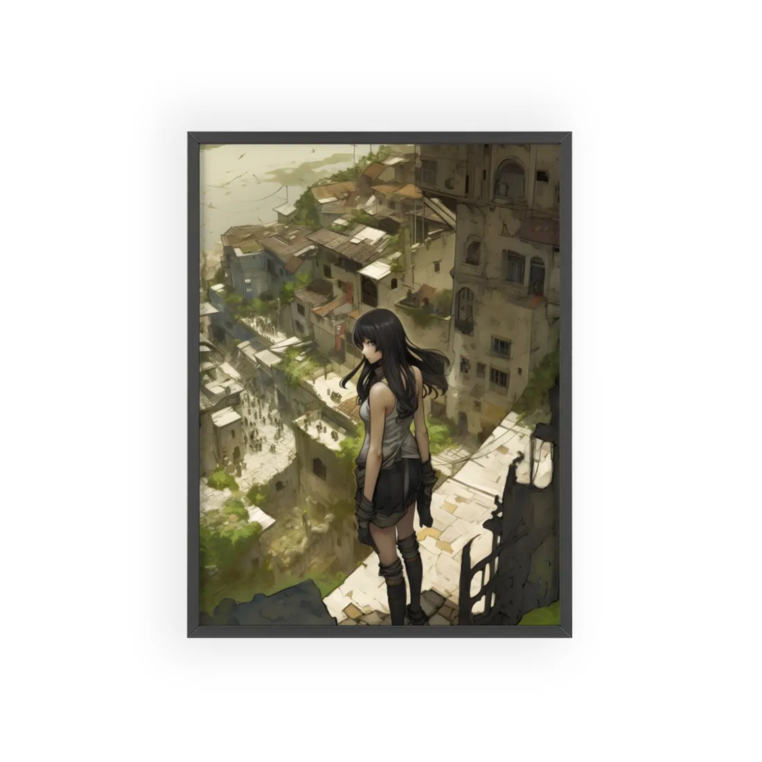 Dramatic Bird's Eye View: Mysterious Anime Encounter - Framed Poster