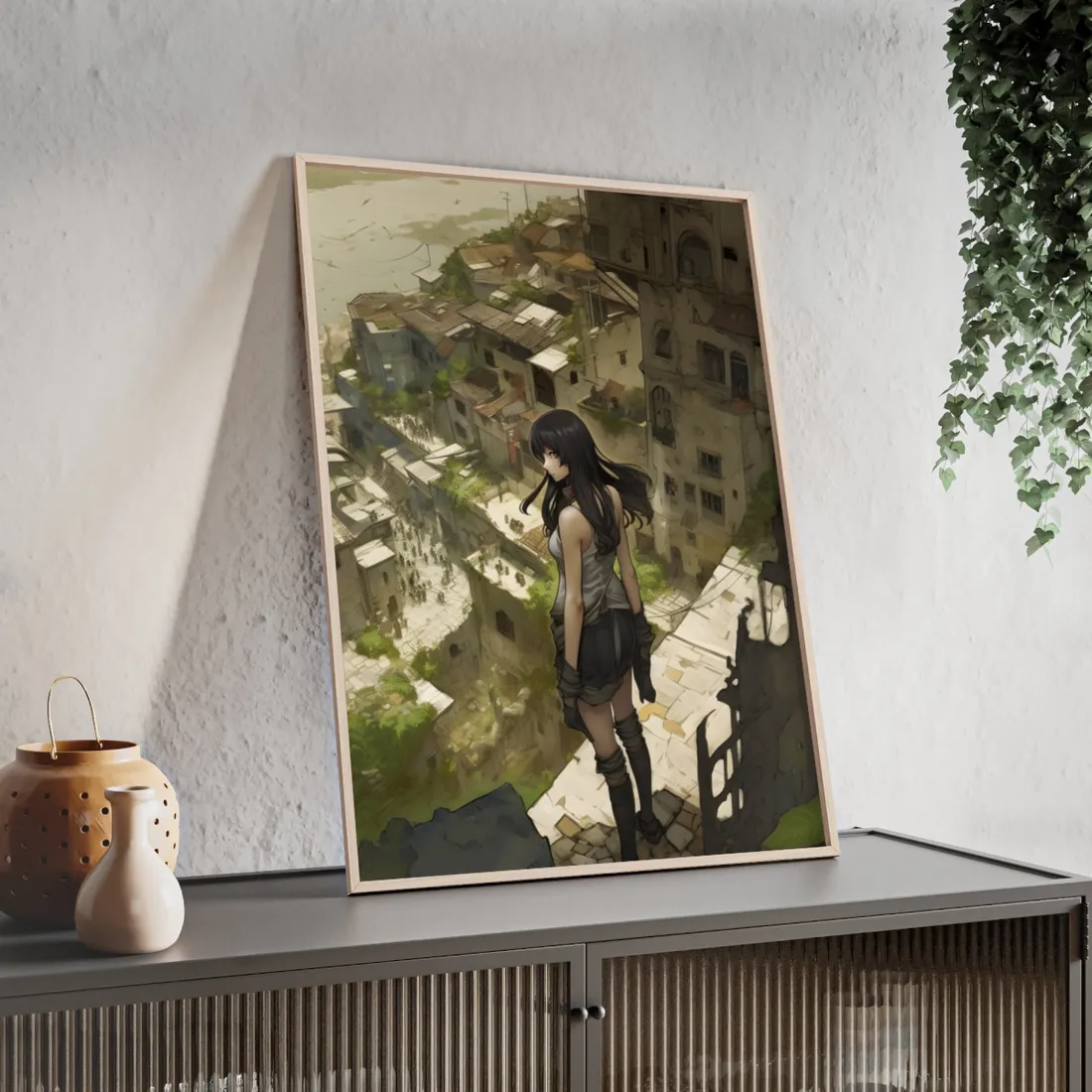 Dramatic Bird's Eye View: Mysterious Anime Encounter - Framed Poster