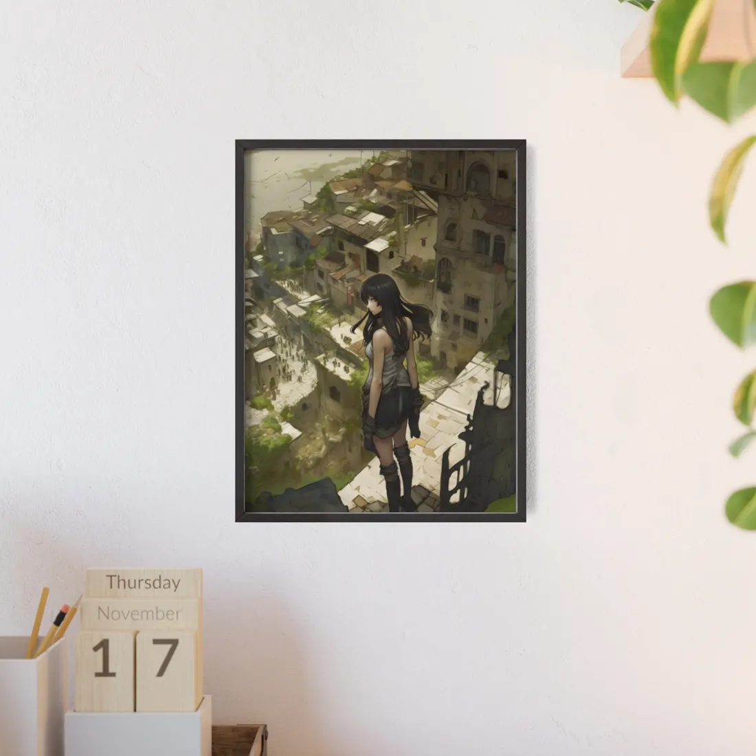 Dramatic Bird's Eye View: Mysterious Anime Encounter - Framed Poster
