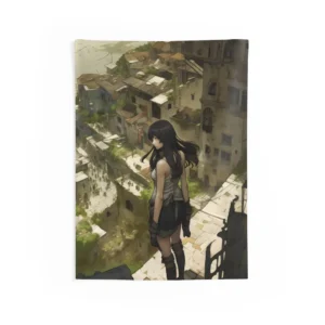 Dark Haired Girl Overlooking City Wall Tapestry