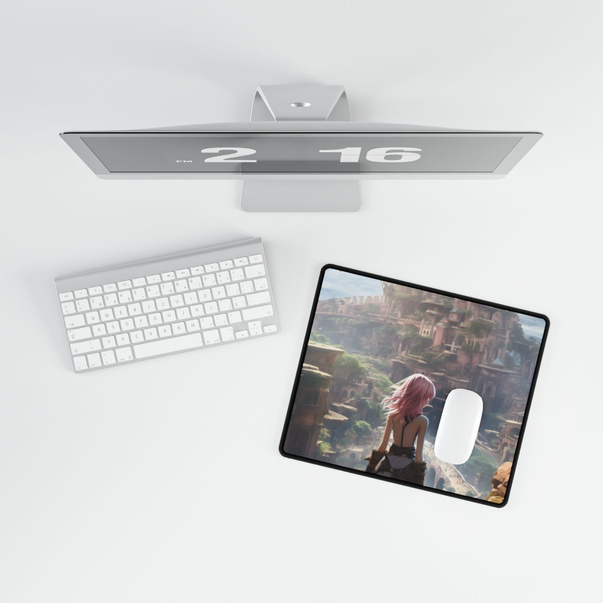 Dramatic Birds Eye View Anime Art: Digital Artwork in Flight - Desk Mat