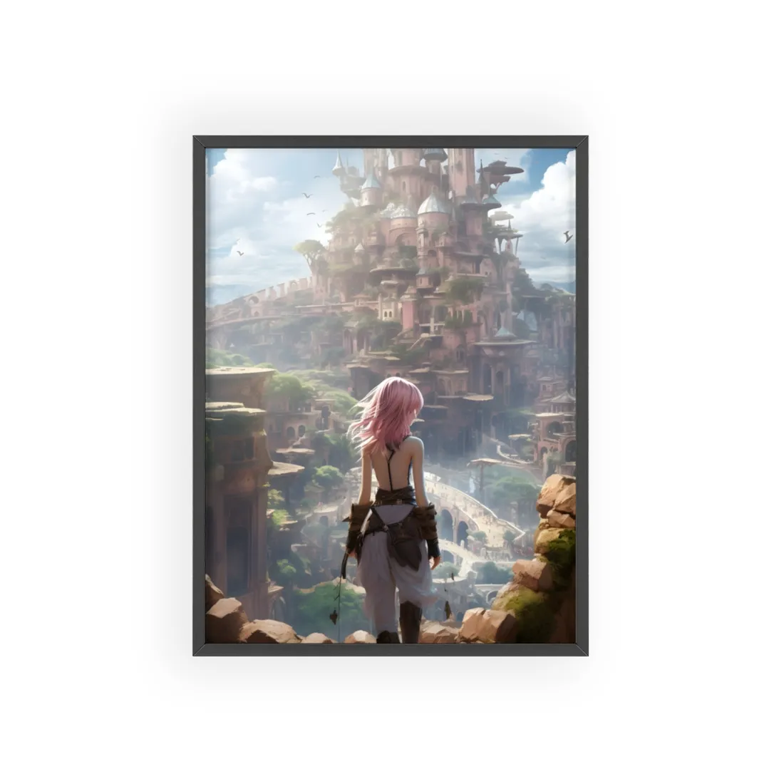 Dramatic Birds Eye View Anime Art: Digital Artwork in Flight - Framed Poster