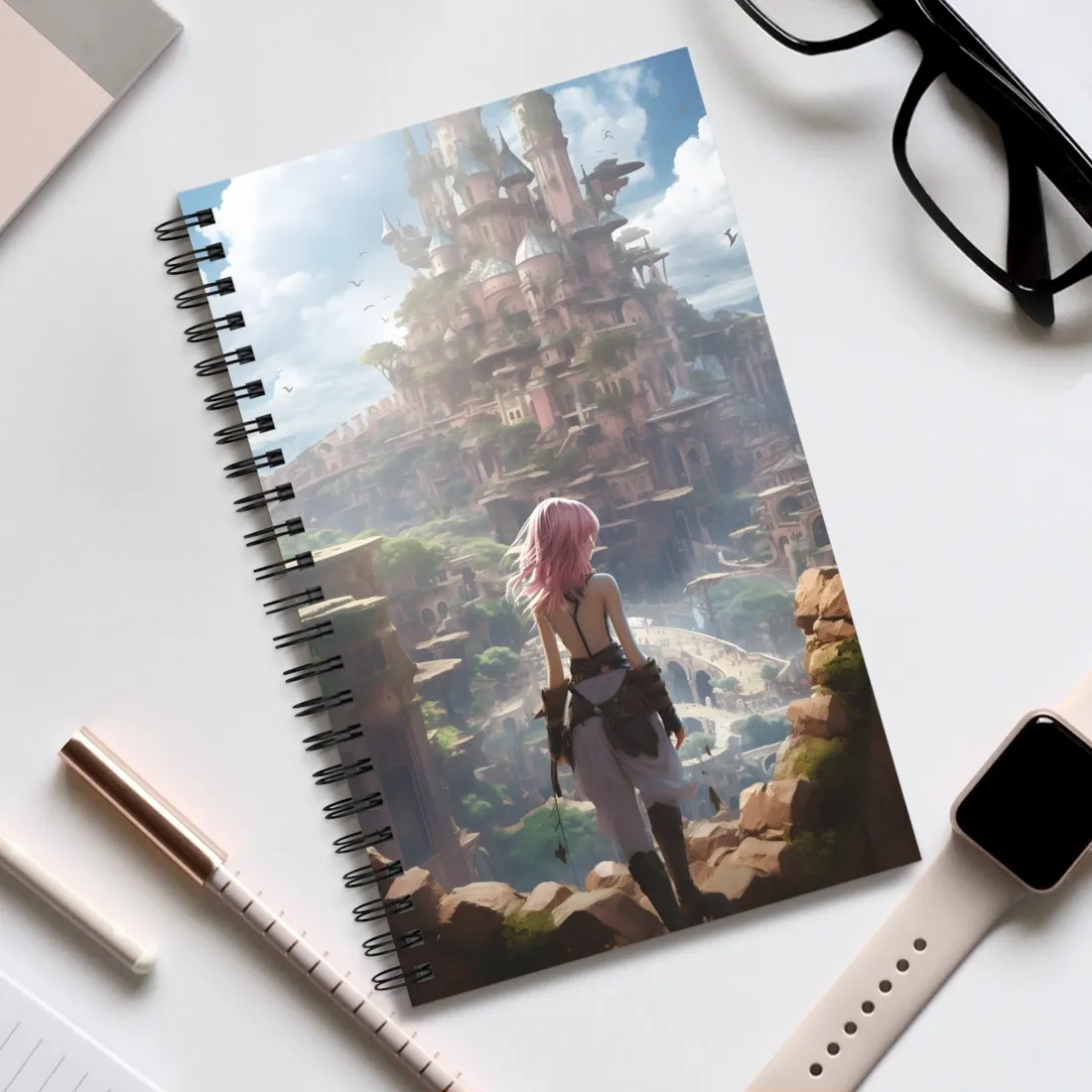 Dramatic Birds Eye View Anime Art: Digital Artwork in Flight - Spiral Notebook