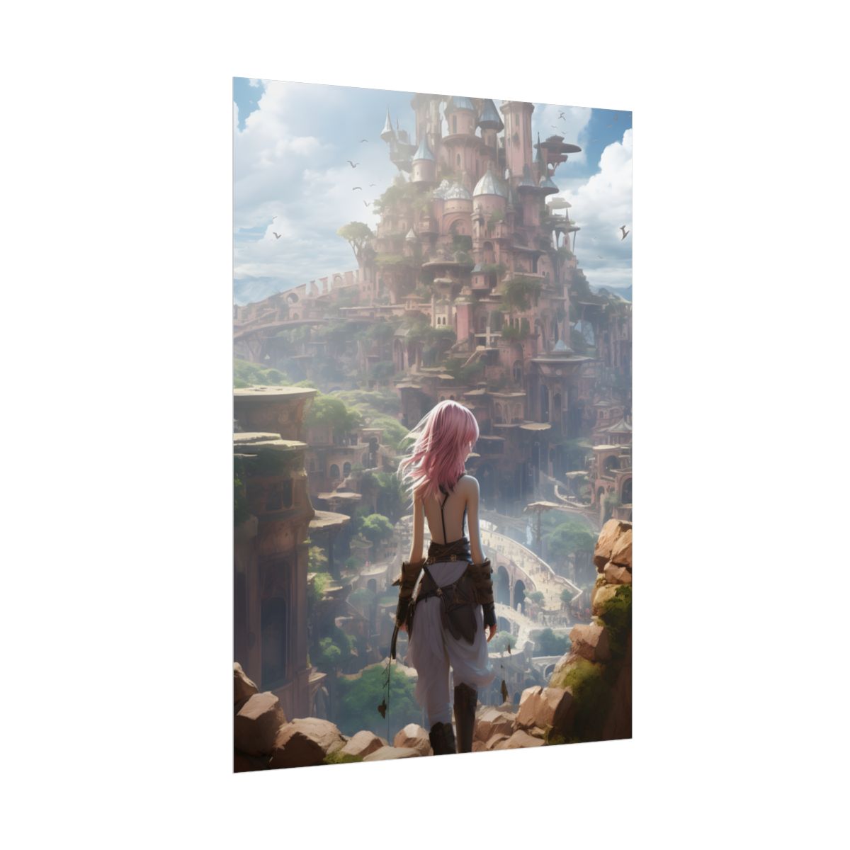 Dramatic Birds Eye View Anime Art: Digital Artwork in Flight - Poster
