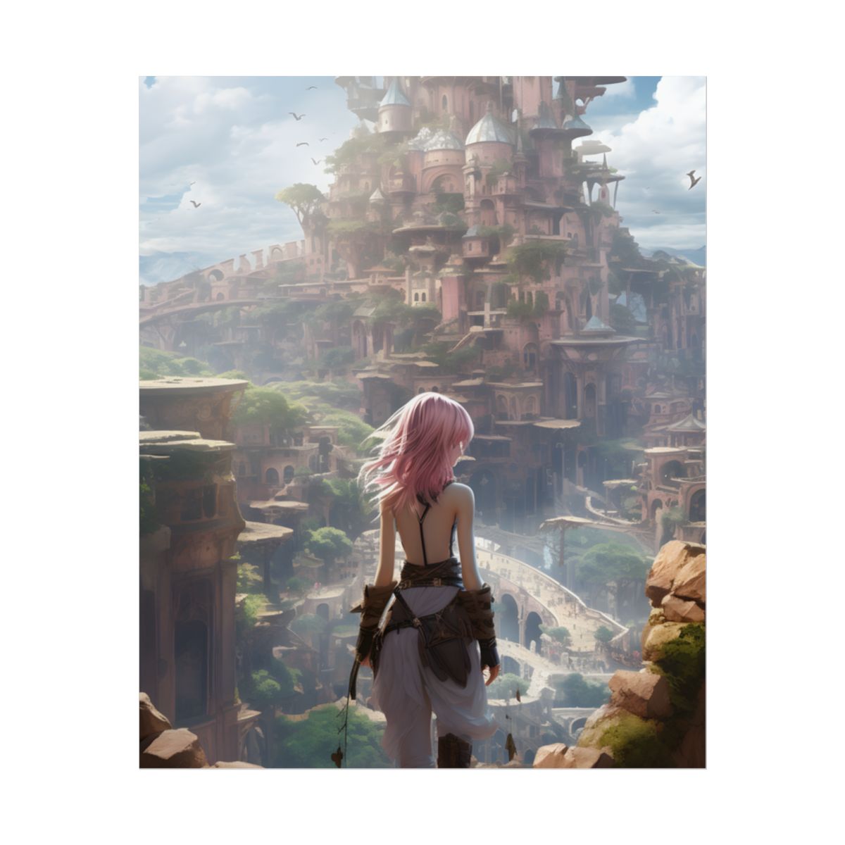 Dramatic Birds Eye View Anime Art: Digital Artwork in Flight - Poster