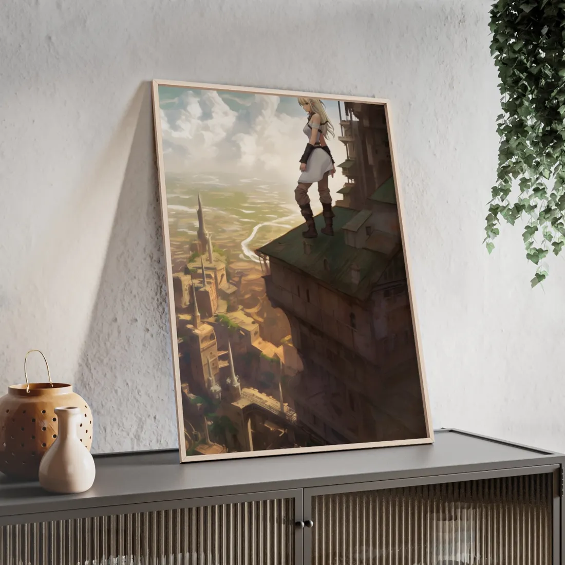 Dramatic Birds Eye View: Anime Blonde Female in Contemplation - Framed Poster