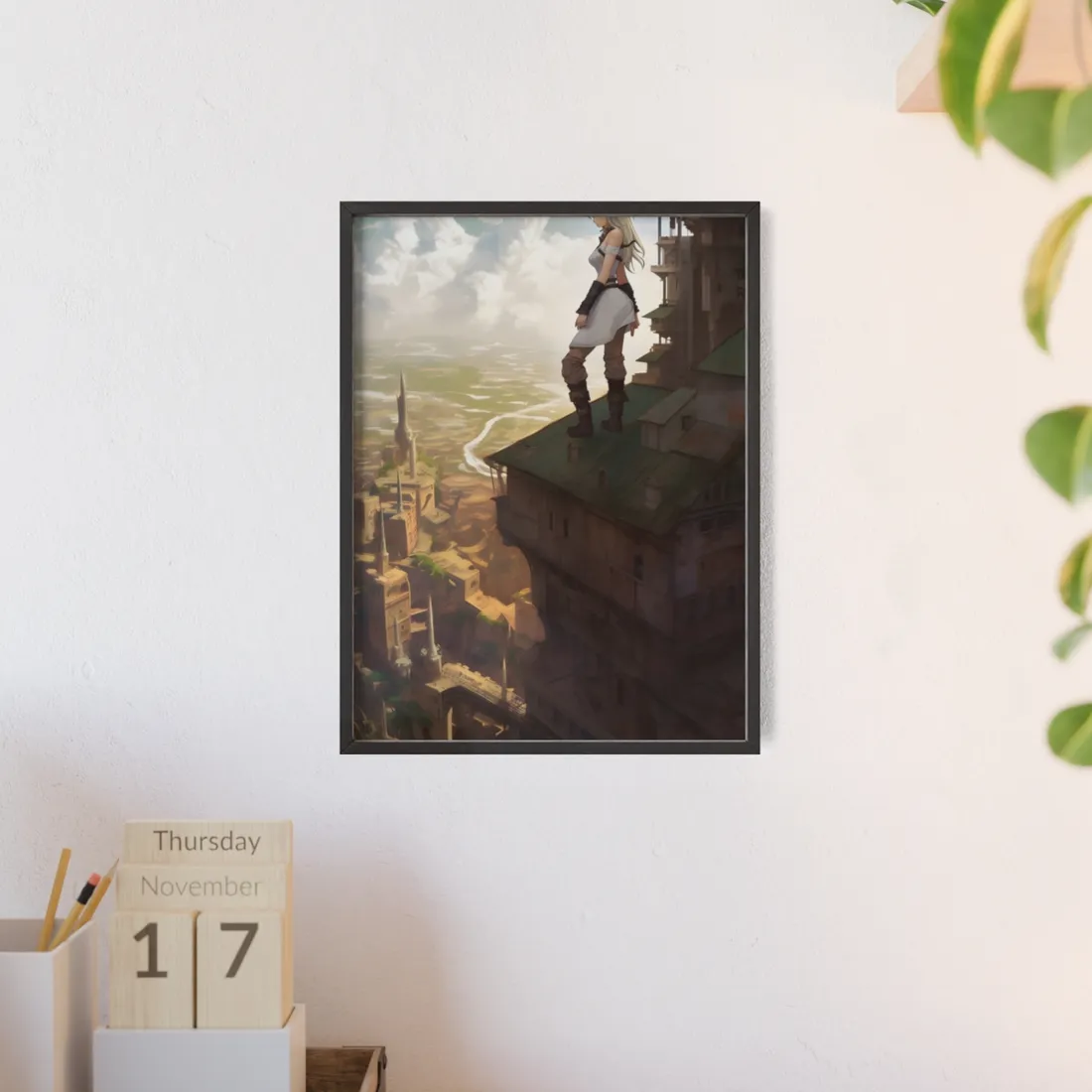 Dramatic Birds Eye View: Anime Blonde Female in Contemplation - Framed Poster