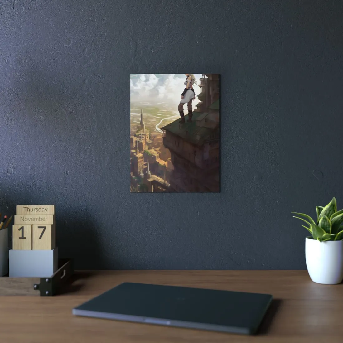 Dramatic Birds Eye View: Anime Blonde Female in Contemplation - Metal Poster