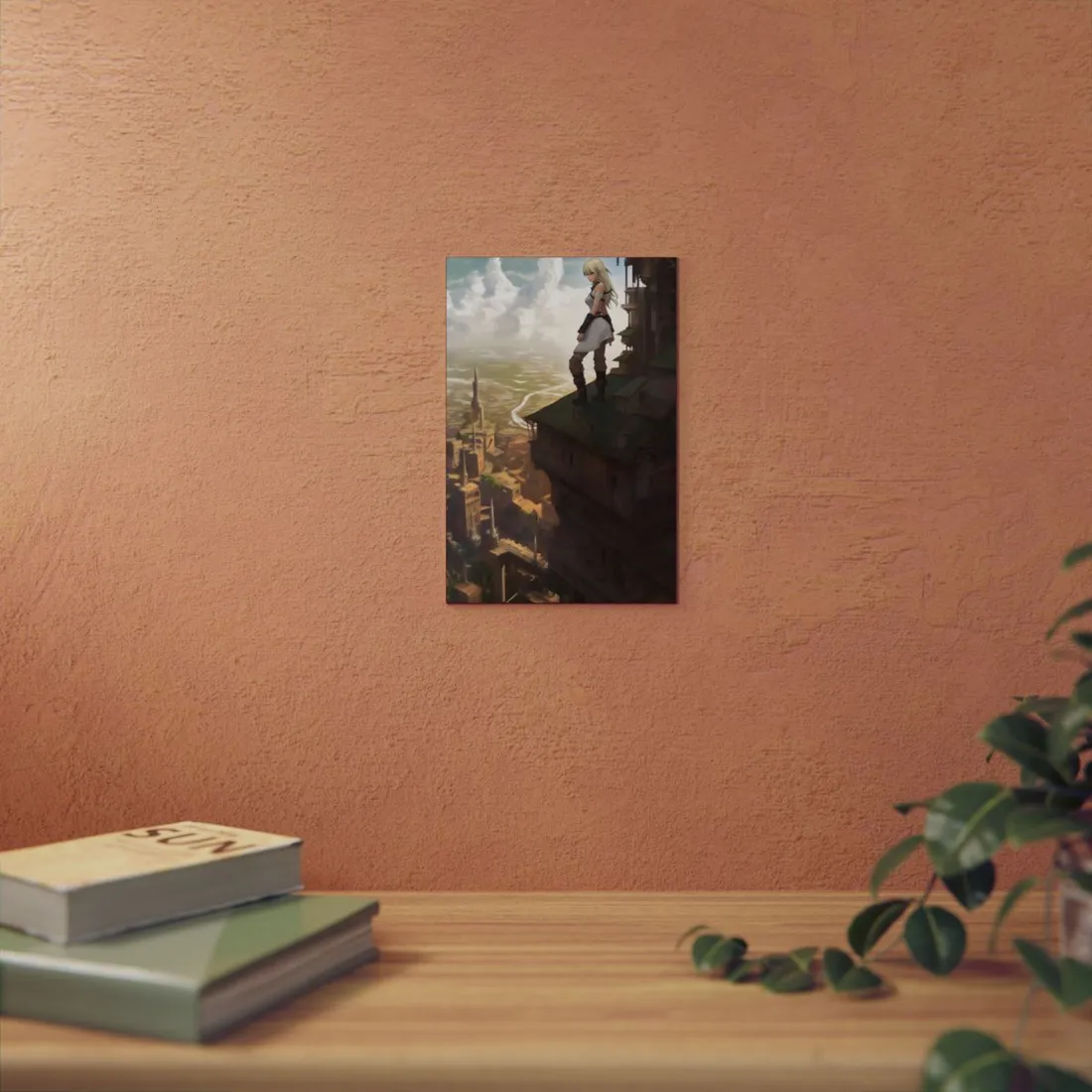 Dramatic Birds Eye View: Anime Blonde Female in Contemplation - Metal Poster