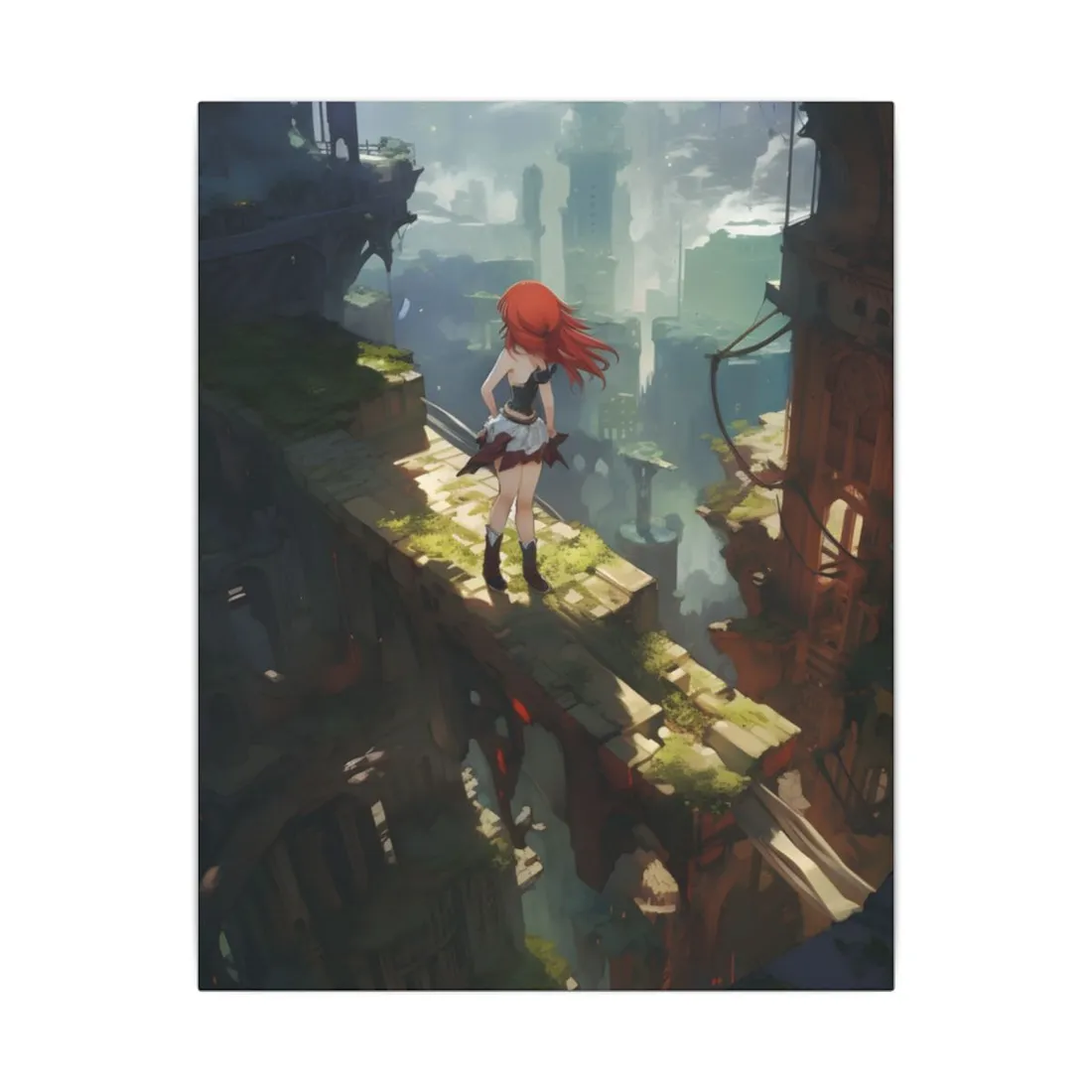 Dramatic Birds Eye View: Anime Red Haired Art in Flight - Canvas