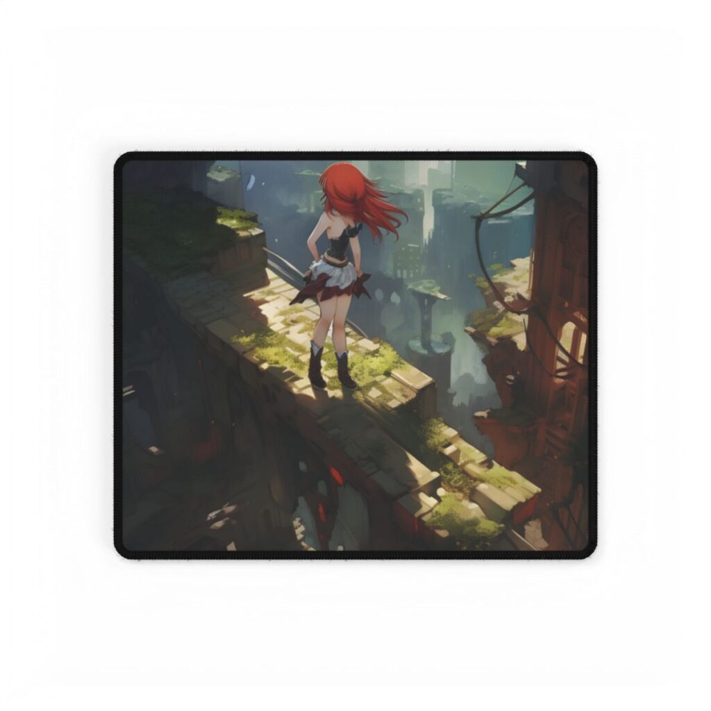 Dramatic Birds Eye View: Anime Red Haired Art in Flight - Desk Mat