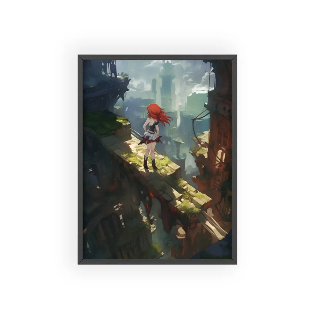 Dramatic Birds Eye View: Anime Red Haired Art in Flight - Framed Poster