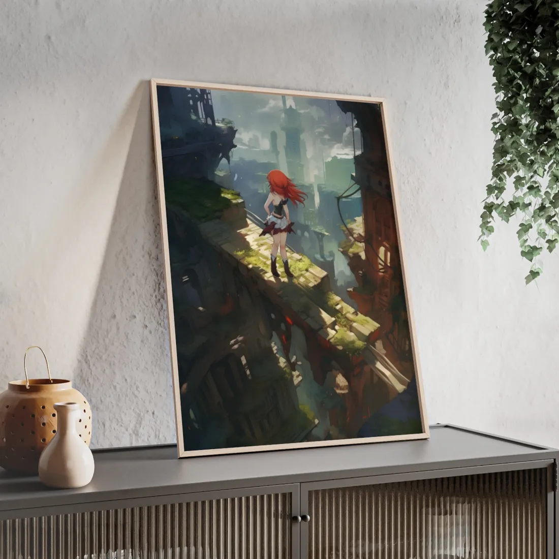 Dramatic Birds Eye View: Anime Red Haired Art in Flight - Framed Poster