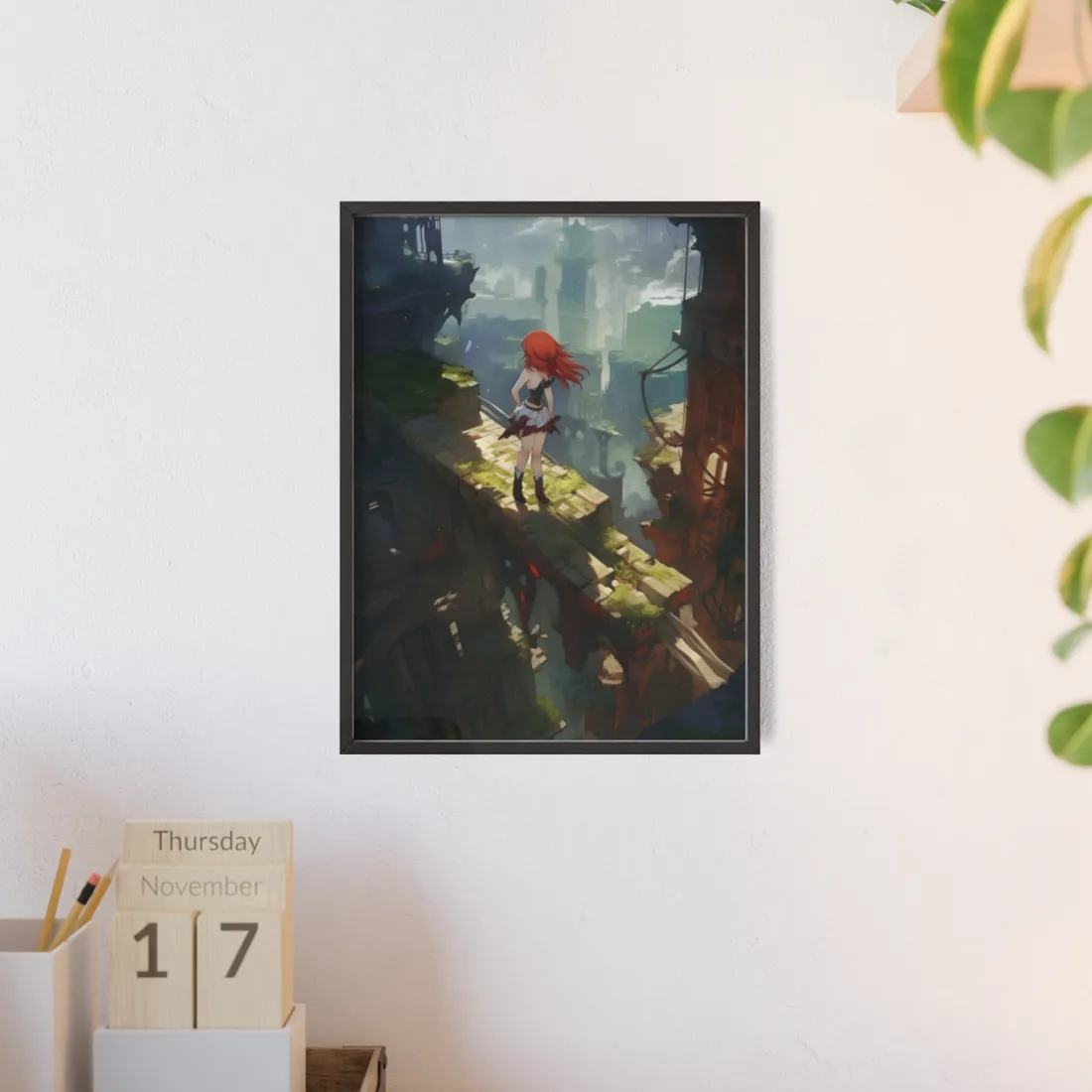 Dramatic Birds Eye View: Anime Red Haired Art in Flight - Framed Poster