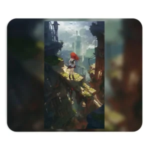Red-Haired Anime Girl on a Ruined Bridge Mouse Pad