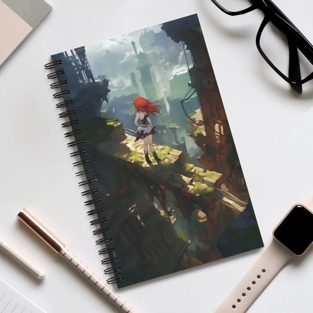 Dramatic Birds Eye View: Anime Red Haired Art in Flight - Spiral Notebook