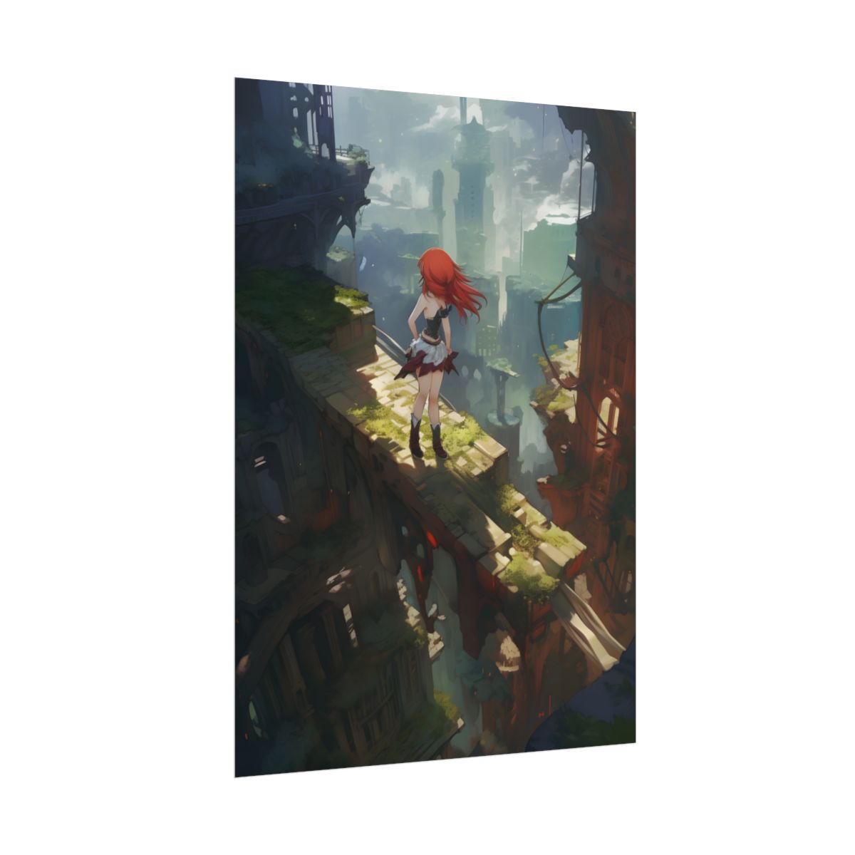 Dramatic Birds Eye View: Anime Red Haired Art in Flight - Poster