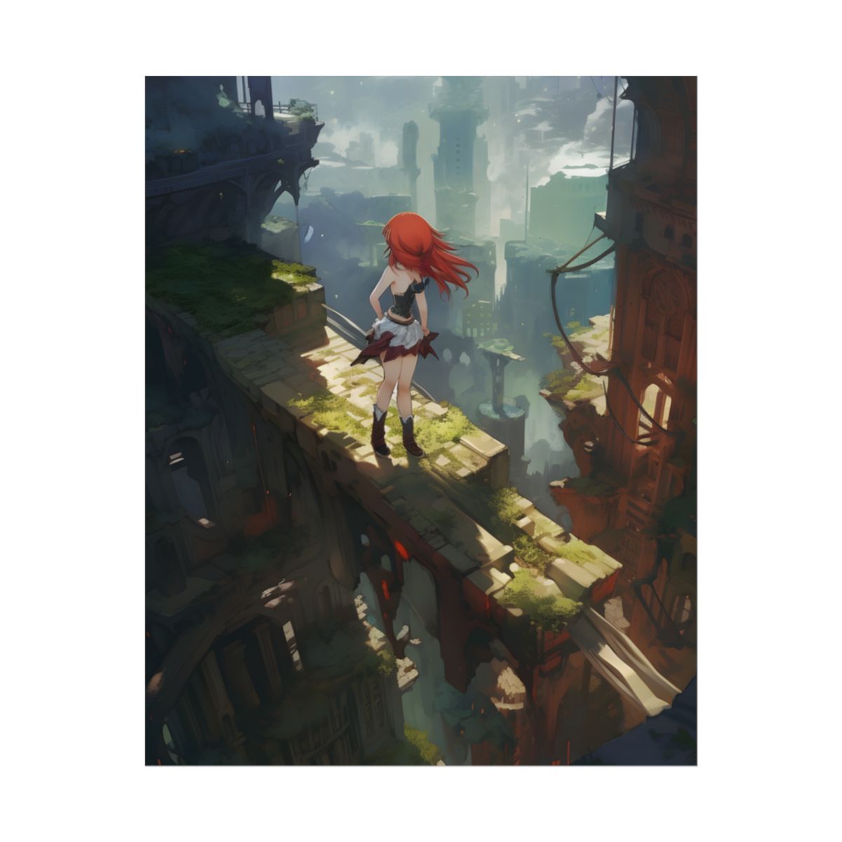 Dramatic Birds Eye View: Anime Red Haired Art in Flight - Poster