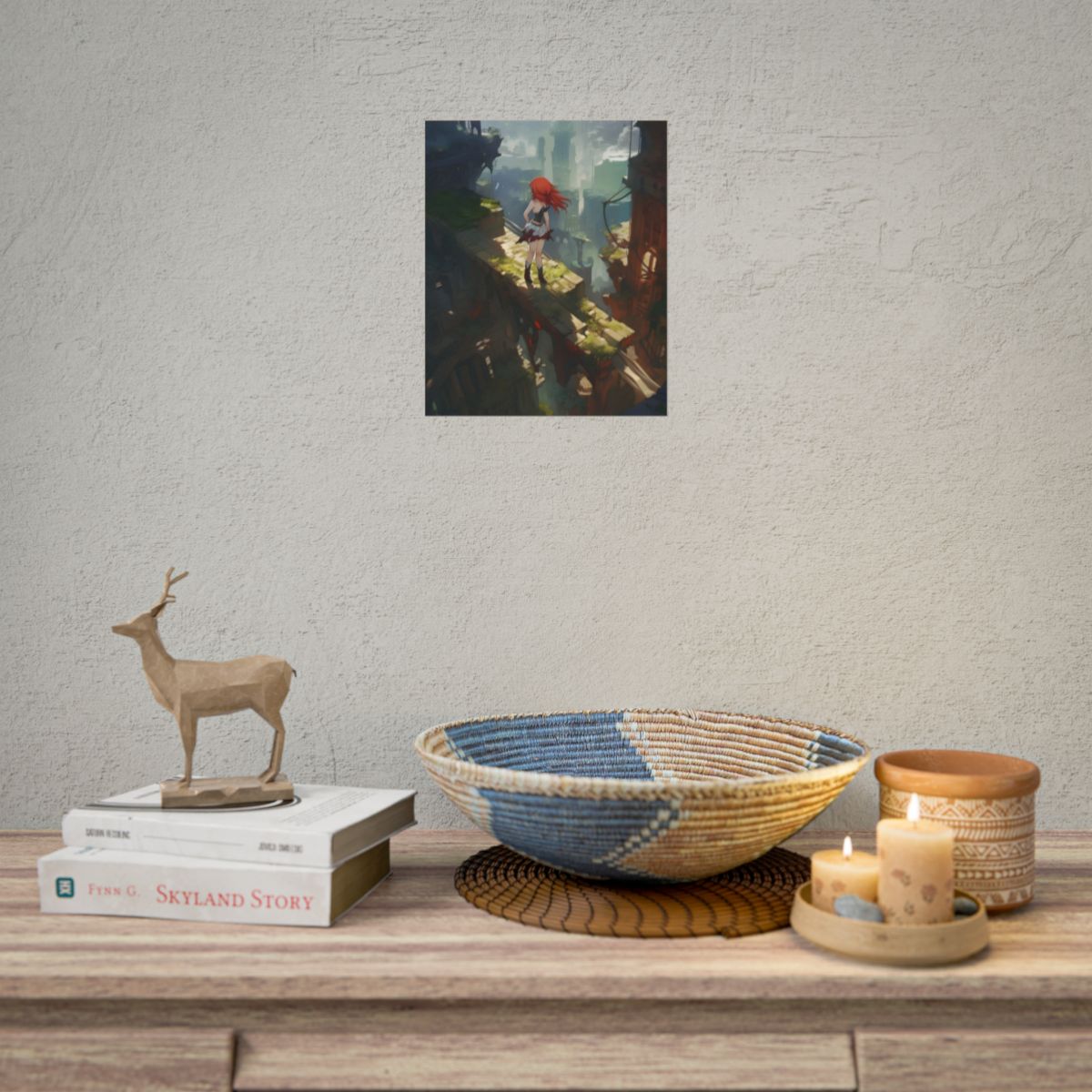 Dramatic Birds Eye View: Anime Red Haired Art in Flight - Poster