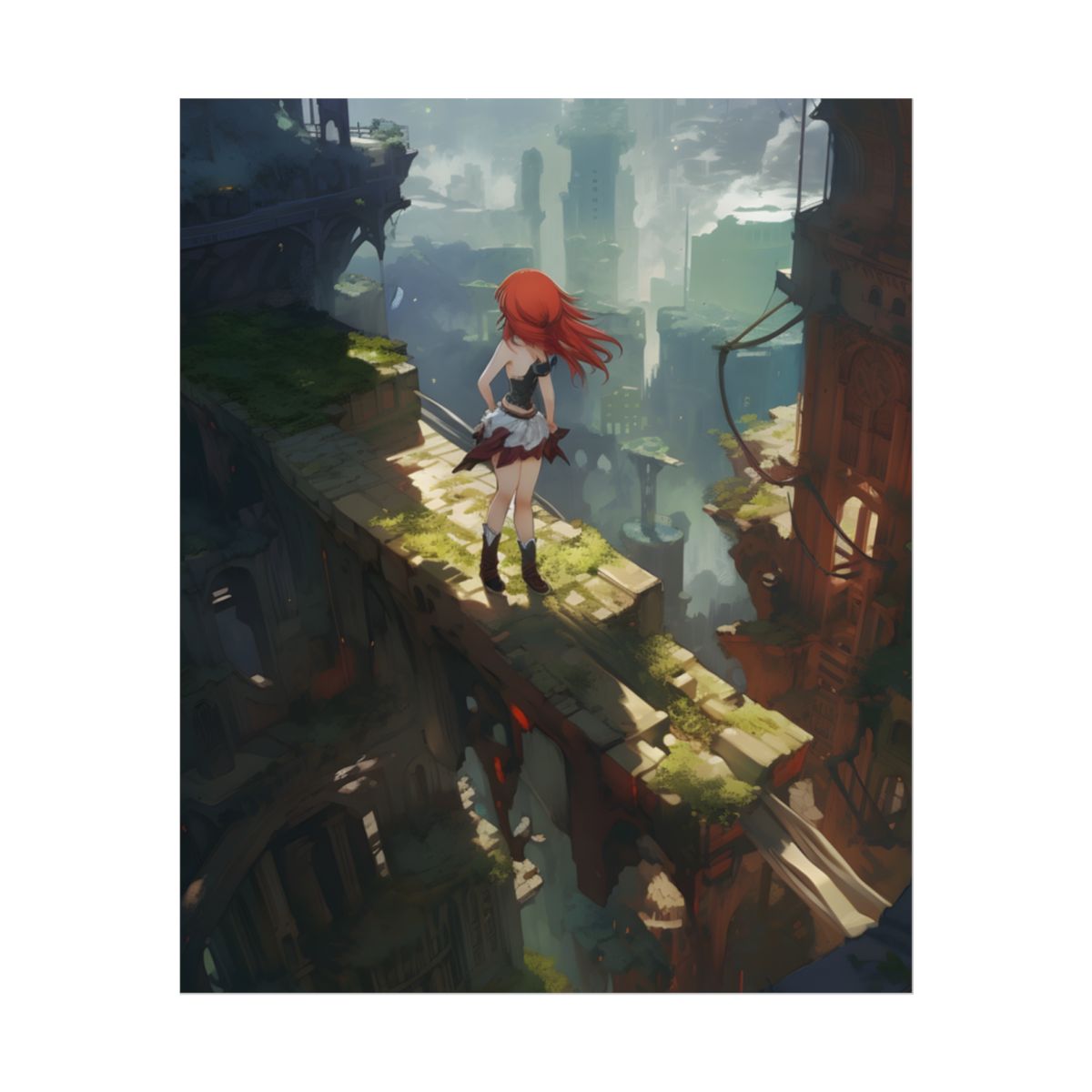 Dramatic Birds Eye View: Anime Red Haired Art in Flight - Poster