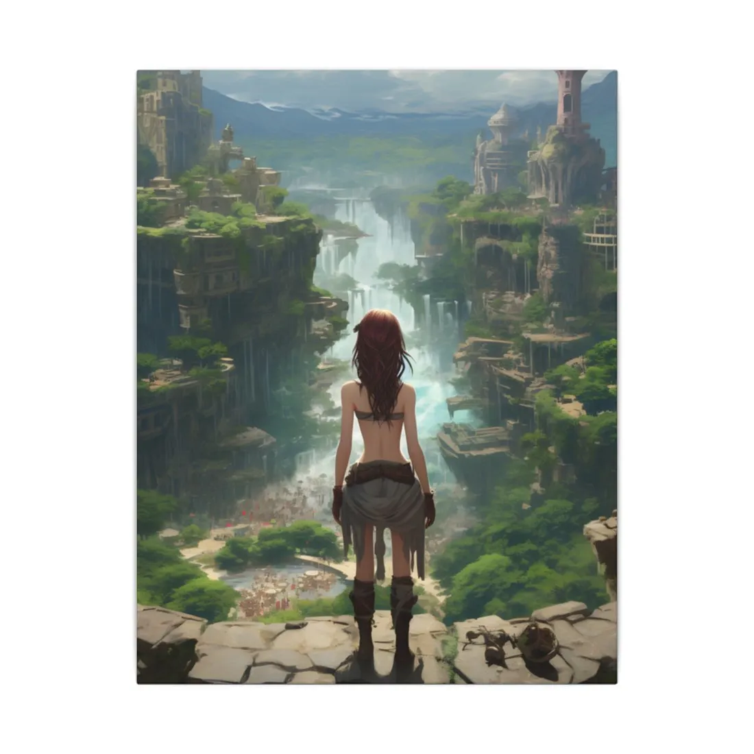 Dramatic Birds Eye View: Red Haired Anime Girl in Urban Landscape - Canvas