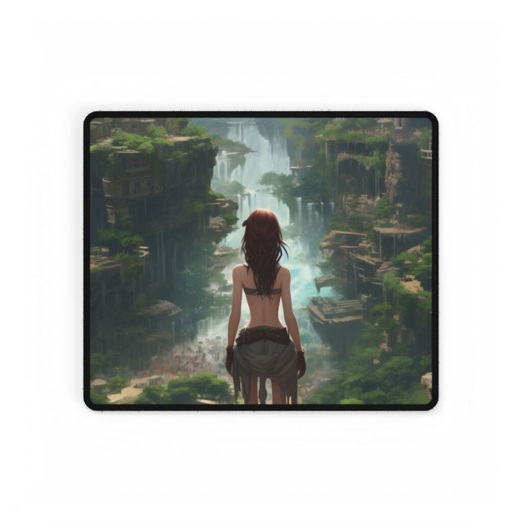 Dramatic Birds Eye View: Red Haired Anime Girl in Urban Landscape - Desk Mat