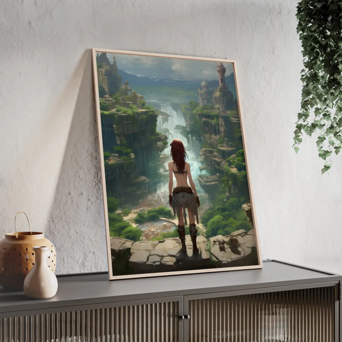 Dramatic Birds Eye View: Red Haired Anime Girl in Urban Landscape - Framed Poster