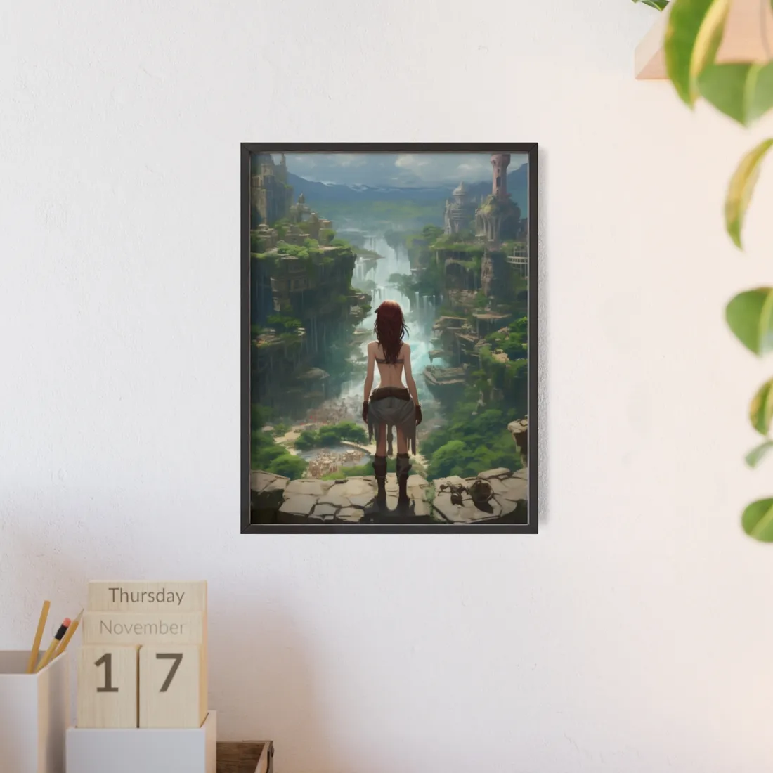Dramatic Birds Eye View: Red Haired Anime Girl in Urban Landscape - Framed Poster