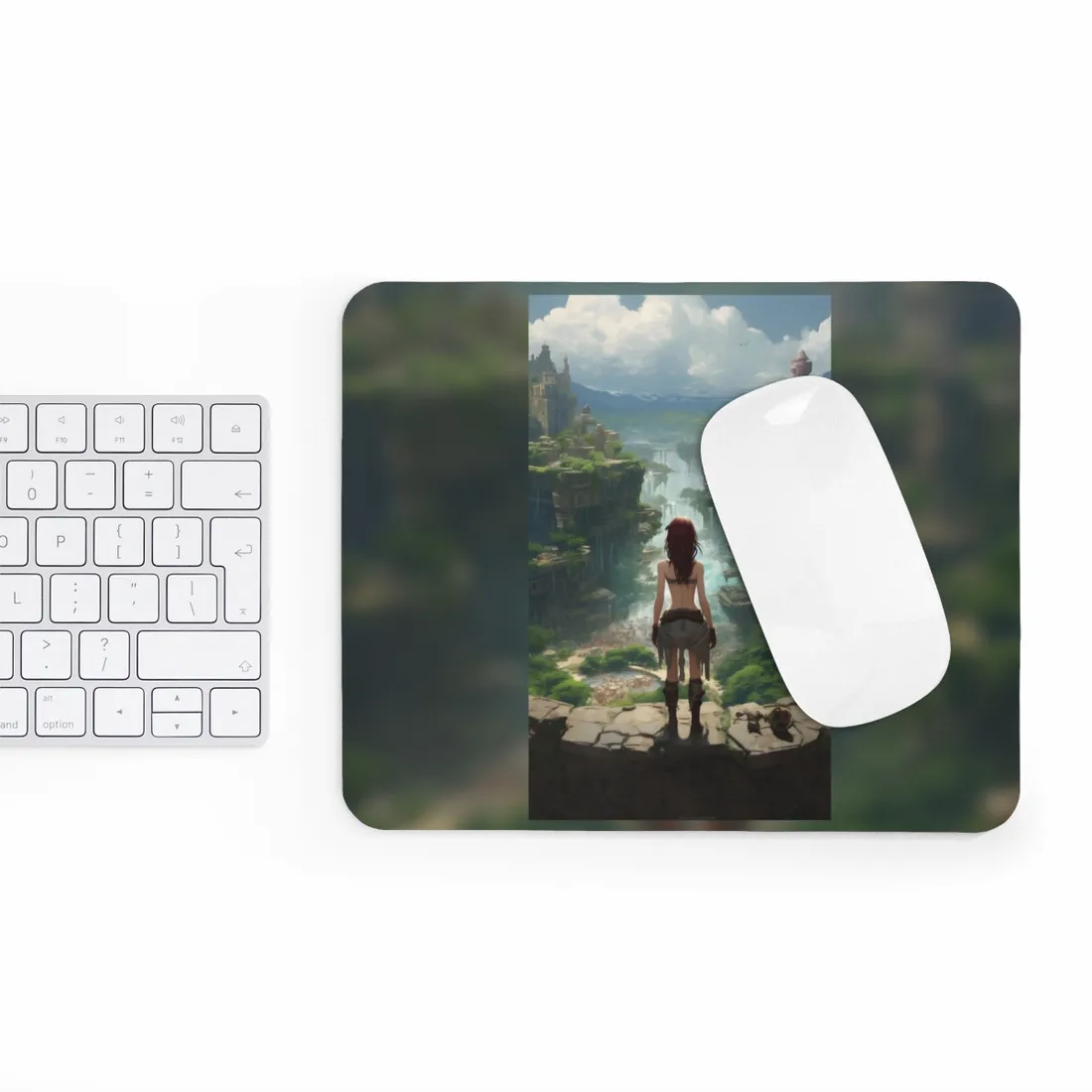 Dramatic Birds Eye View: Red Haired Anime Girl in Urban Landscape - Mouse Pad