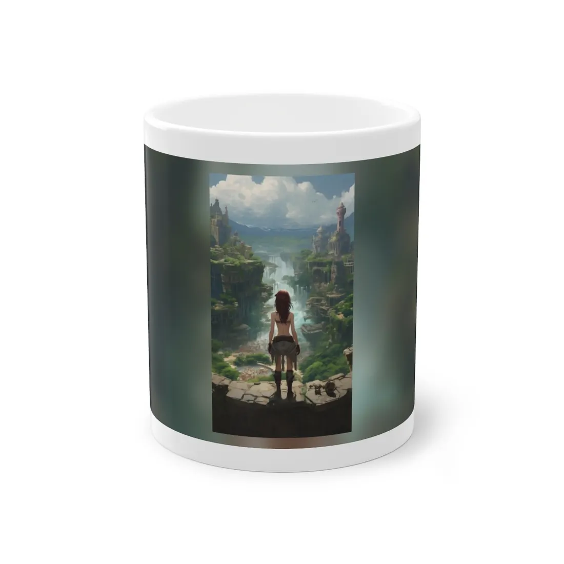 Dramatic Birds Eye View: Red Haired Anime Girl in Urban Landscape - Mug