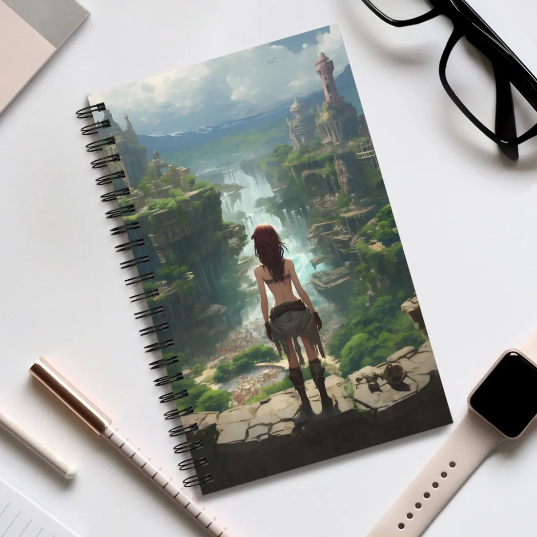 Dramatic Birds Eye View: Red Haired Anime Girl in Urban Landscape - Spiral Notebook