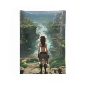 Woman Overlooking Waterfall Valley Wall Tapestry