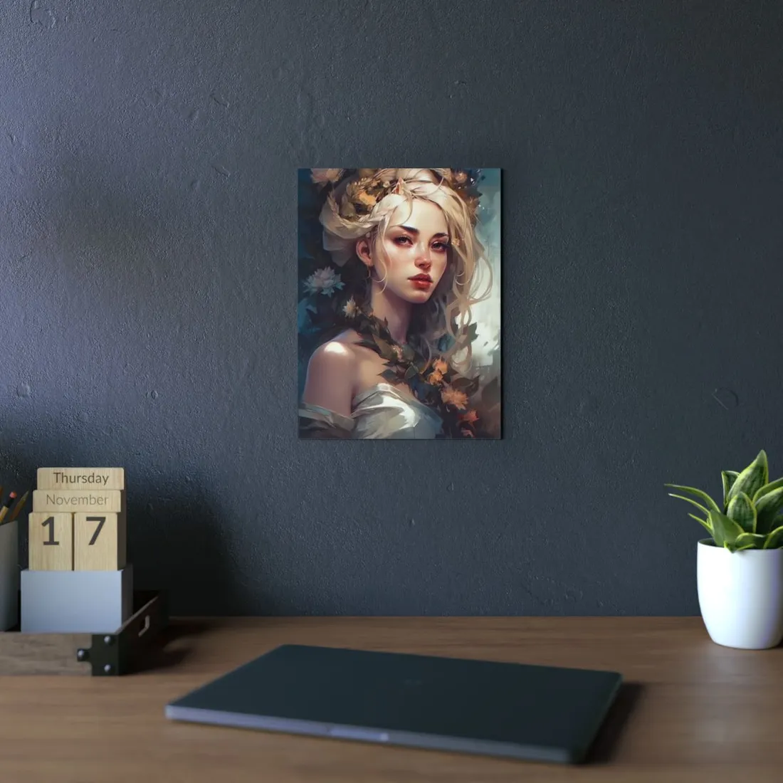 Dramatic Blonde Portrait: Red Hues Digital Art - Metal Poster