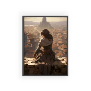 Woman Overlooking Hilltop Castle Framed Poster