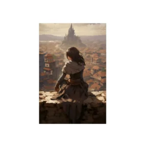 Woman Overlooking Hilltop Castle Metal Poster