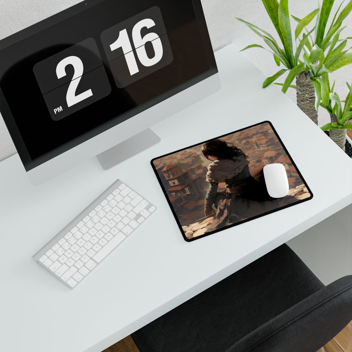 Dramatic Character Illustration: Bird's Eye View in Motion - Desk Mat