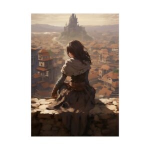 Woman Overlooking Hilltop Castle Poster