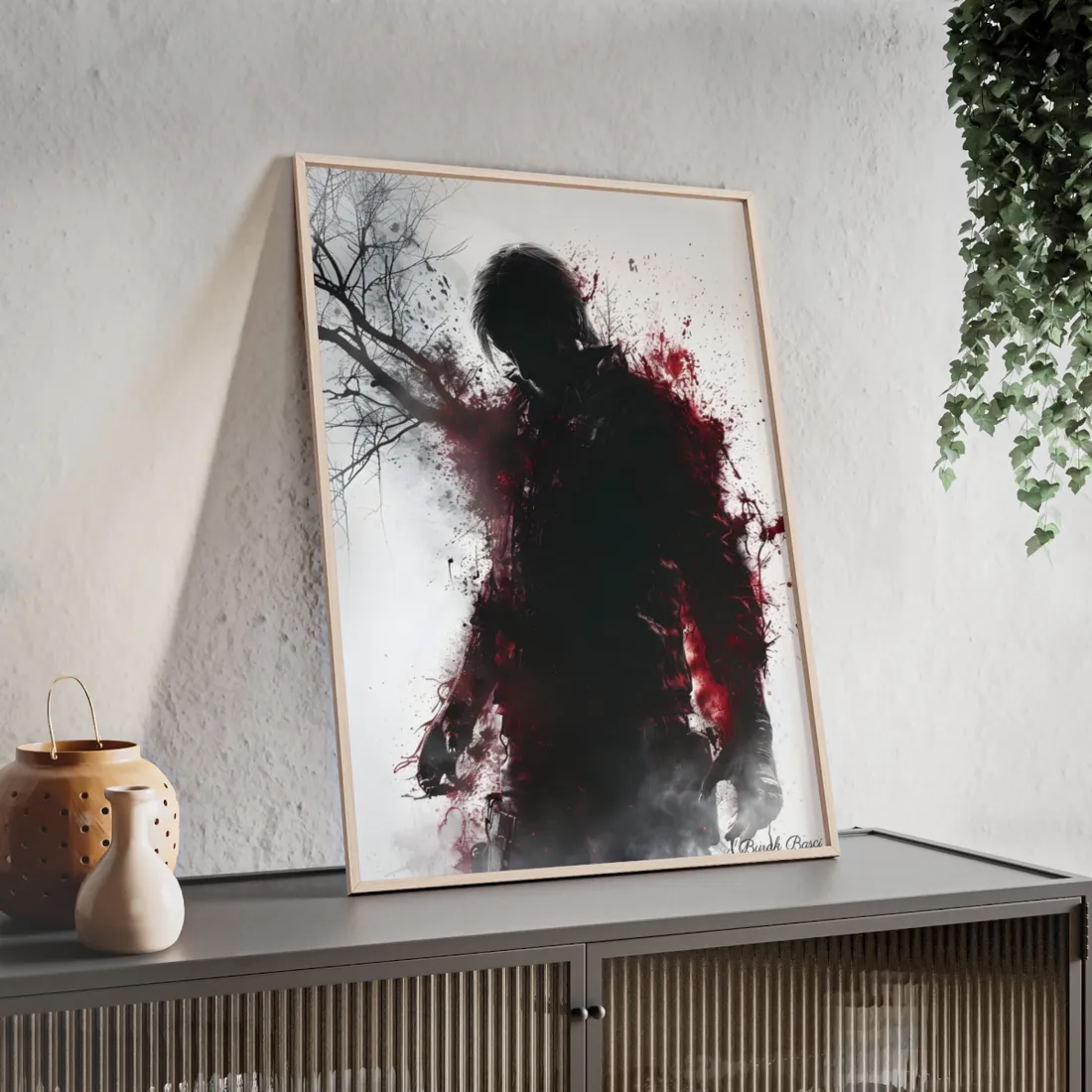 Dramatic Emerging Figure: Narrative Artwork in Blood - Framed Poster