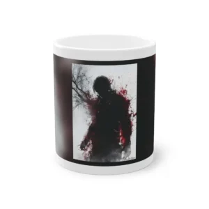 Silhouetted Figure with Red Splatter Mug