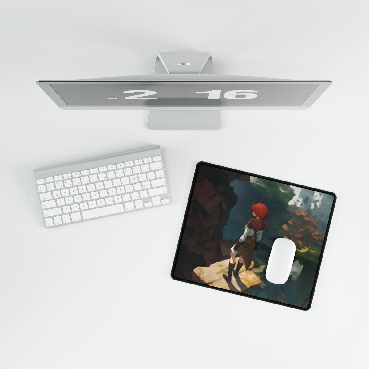 Dramatic Night City Anime: Red Haired Female Digital Art - Desk Mat