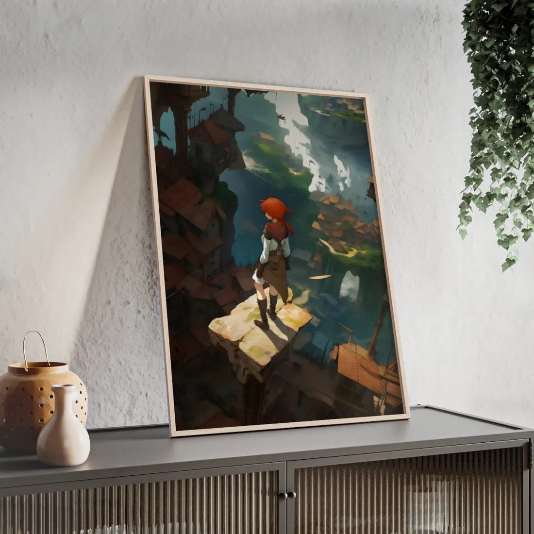 Dramatic Night City Anime: Red Haired Female Digital Art - Framed Poster