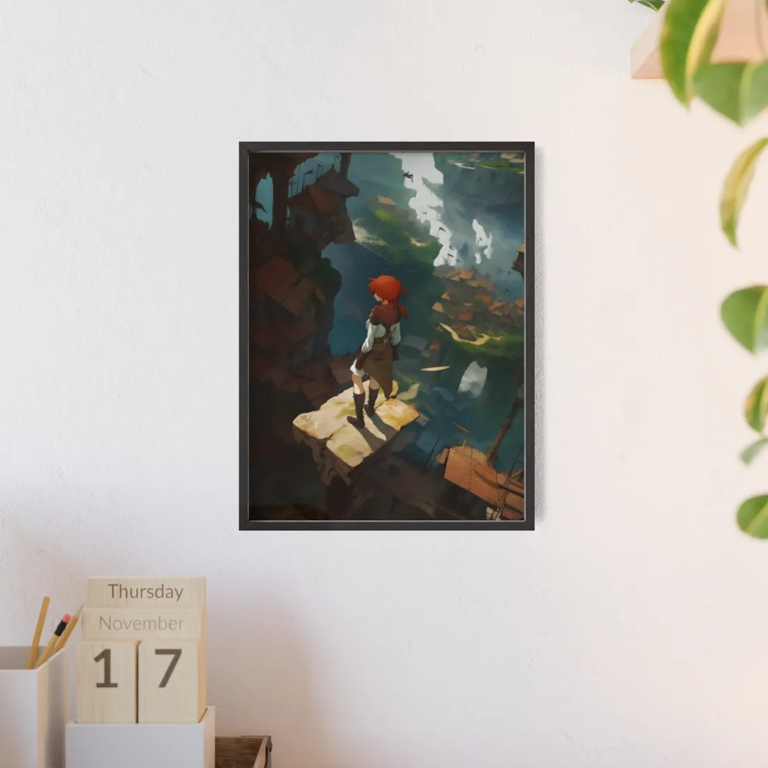Dramatic Night City Anime: Red Haired Female Digital Art - Framed Poster