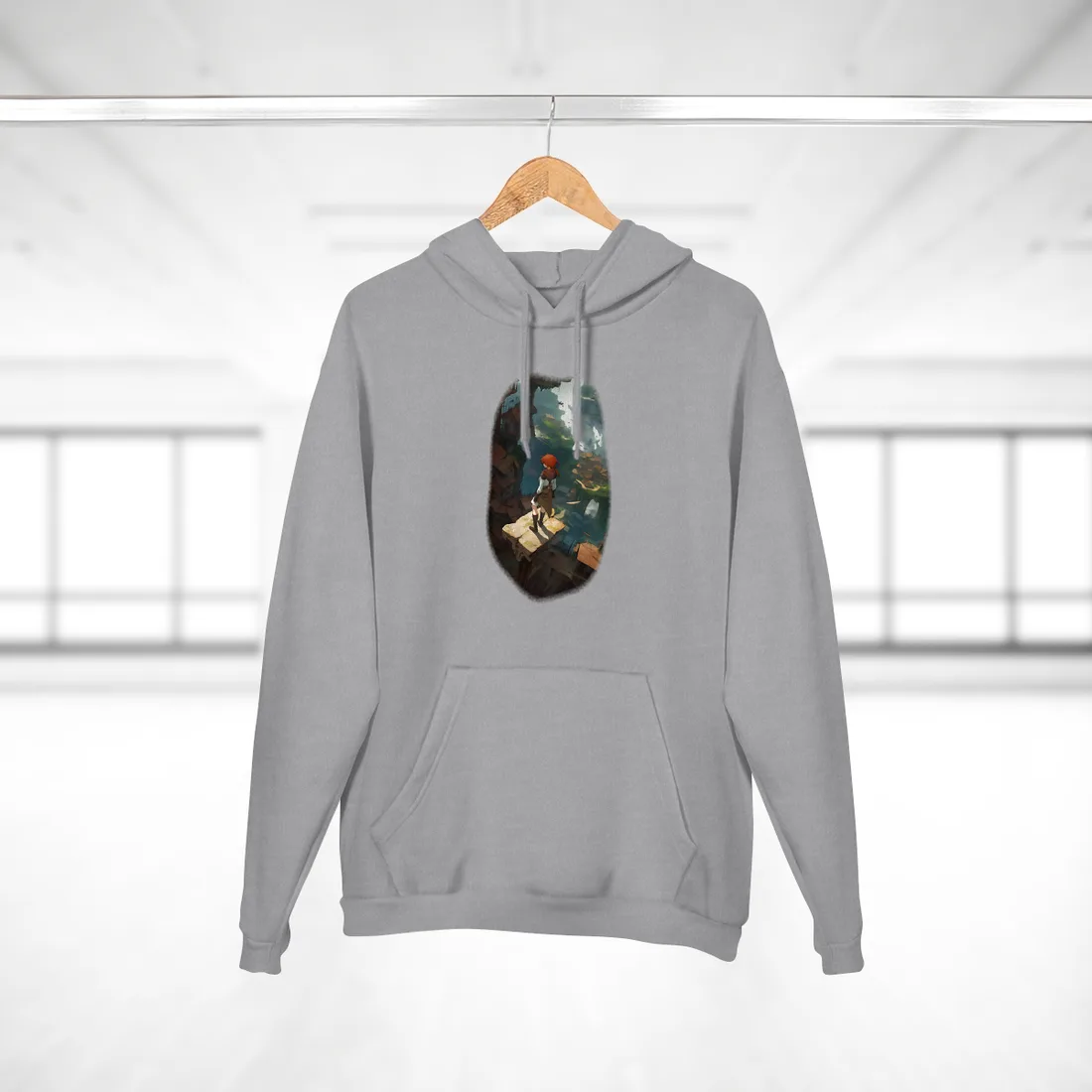 Red-haired figure stands on a stone ledge above rooftops and misty green cliffs – Hoodie, heather grey