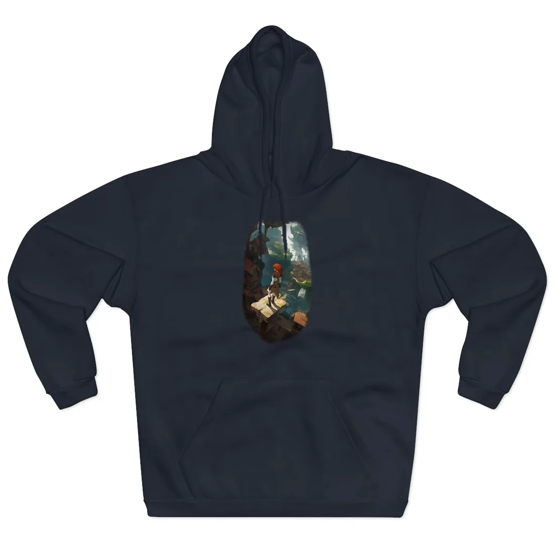 Red-haired figure stands on a stone ledge above rooftops and misty green cliffs – Hoodie, navy