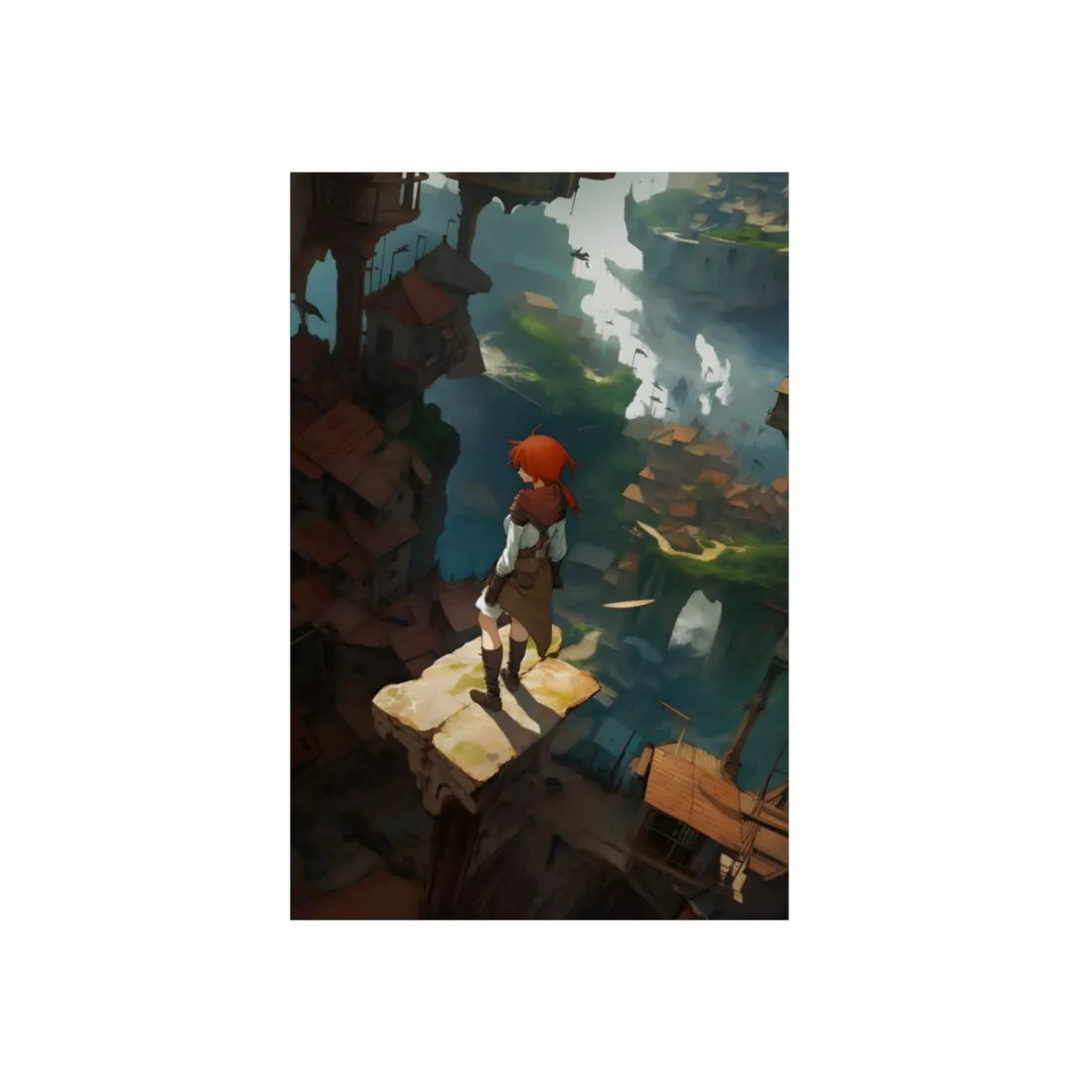 Dramatic Night City Anime: Red Haired Female Digital Art - Metal Poster