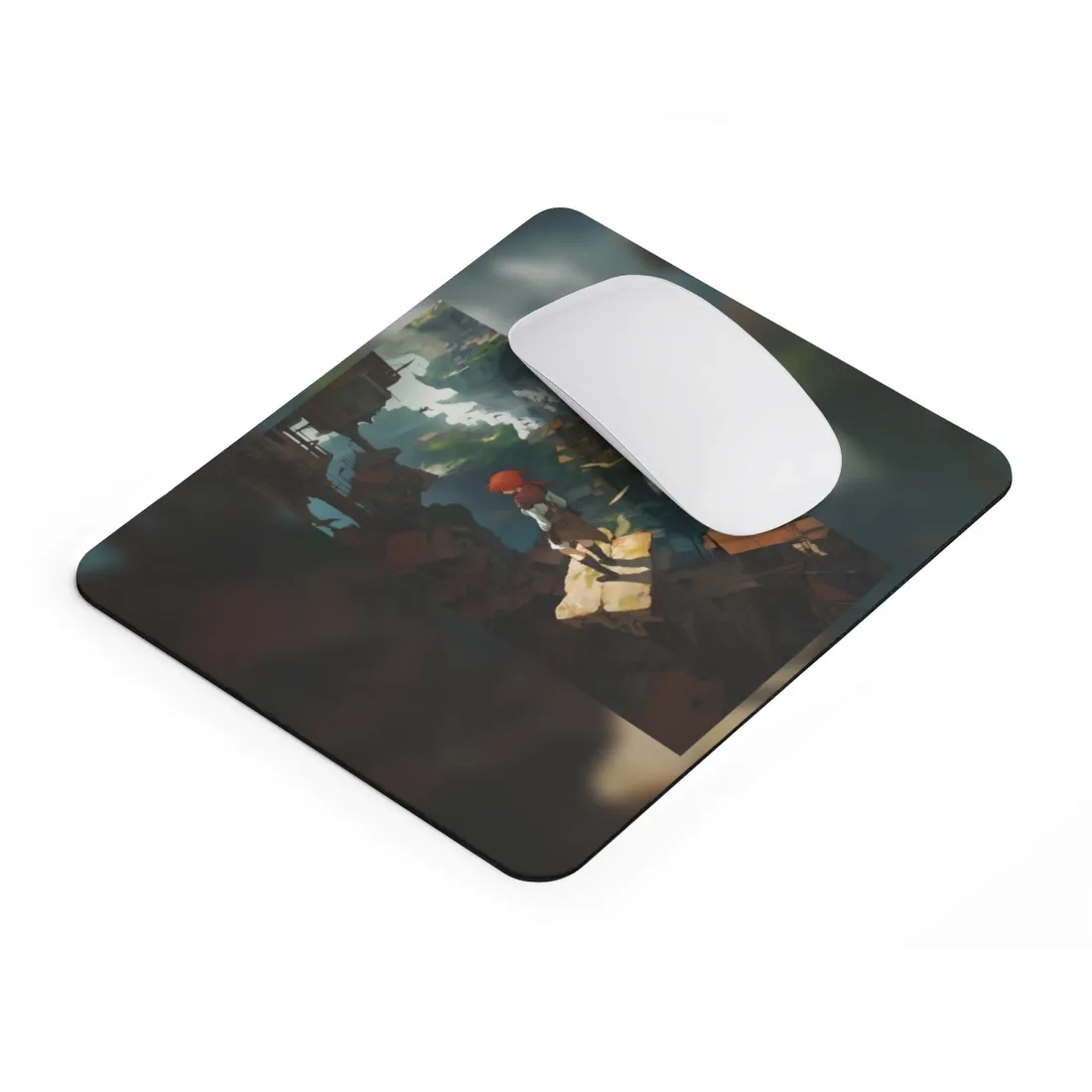 Dramatic Night City Anime: Red Haired Female Digital Art - Mouse Pad