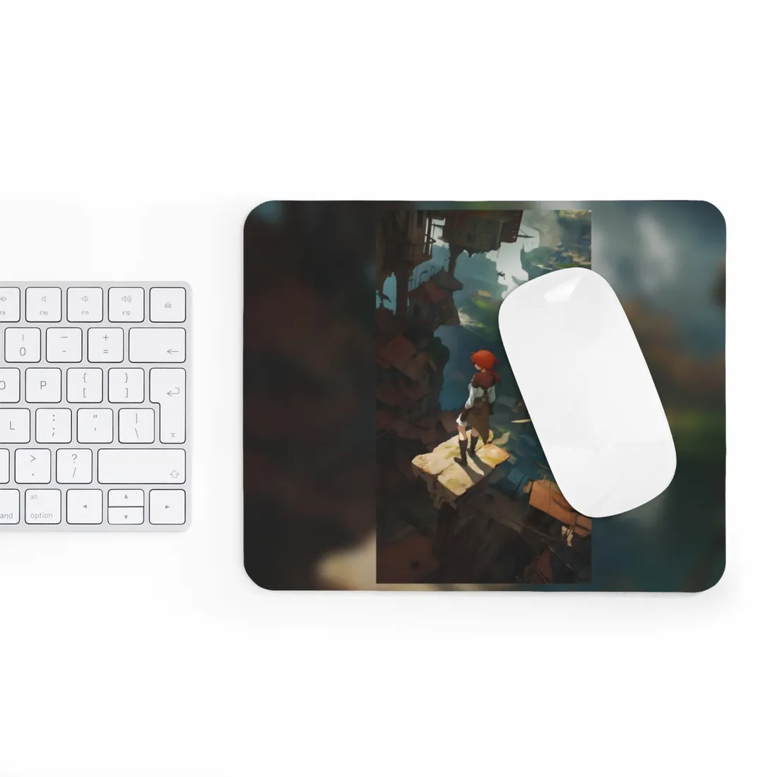 Dramatic Night City Anime: Red Haired Female Digital Art - Mouse Pad